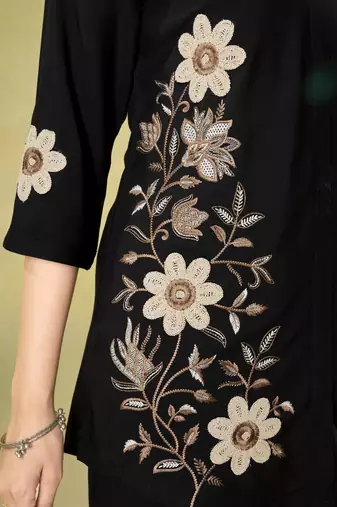 Black colour embroidered rayon co-ord set for women