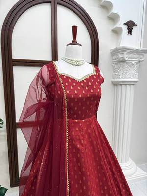 Maroon colour chanderi jacquard anarkali suit set with dupatta 4