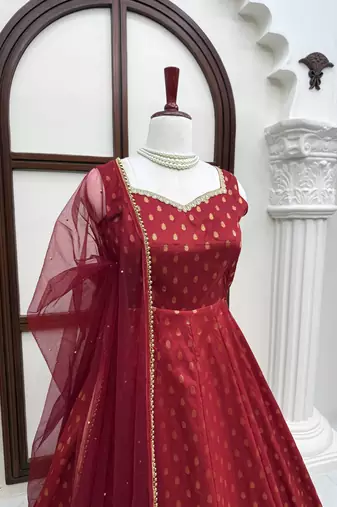 Maroon colour chanderi jacquard anarkali suit set with dupatta