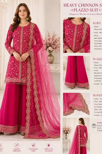 Pink colour heavy chinnon silk kurti palazzo set with dupatta