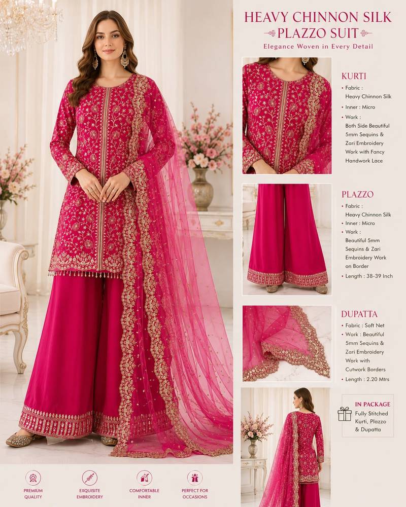 Pink colour heavy chinnon silk kurti palazzo set with dupatta