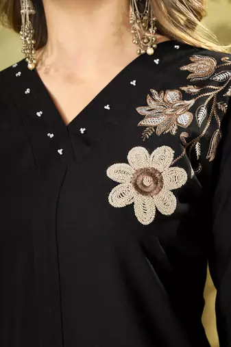 Black colour embroidered rayon co-ord set for women