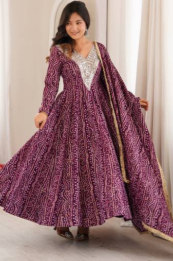 Plum colour mirror embroidered rayon gown set with dupatta