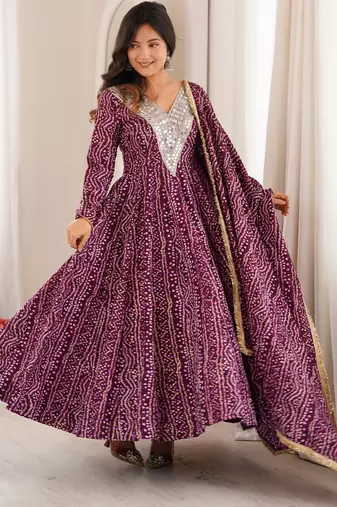 Plum colour mirror embroidered rayon gown set with dupatta