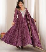 Plum colour mirror embroidered rayon gown set with dupatta