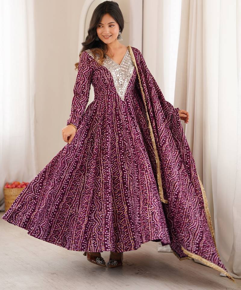 Plum colour mirror embroidered rayon gown set with dupatta