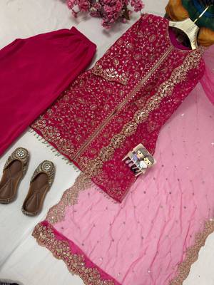 Pink colour heavy chinnon silk kurti palazzo set with dupatta 2
