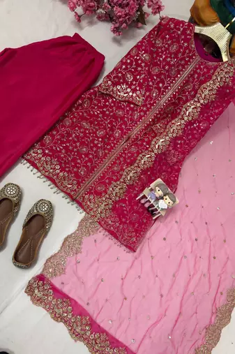 Pink colour heavy chinnon silk kurti palazzo set with dupatta