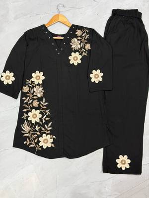Black colour embroidered rayon co-ord set for women 4