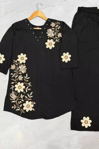 Black colour embroidered rayon co-ord set for women