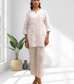 Women's linen off white embroidered short kurta with pant