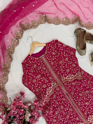 Pink colour heavy chinnon silk kurti palazzo set with dupatta 3