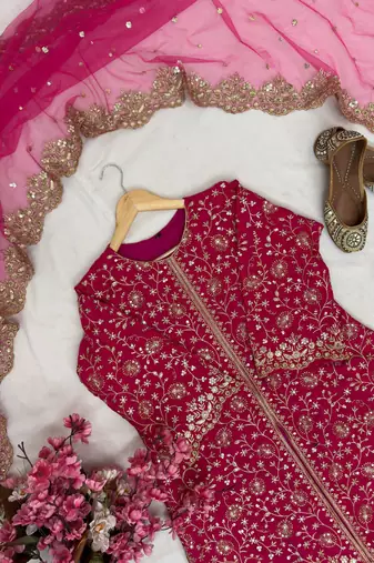Pink colour heavy chinnon silk kurti palazzo set with dupatta