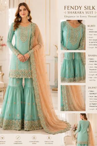 Green colour fendy silk embroidered kurti sharara set with dupatta