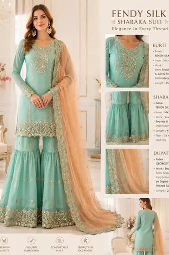 Green colour fendy silk embroidered kurti sharara set with dupatta