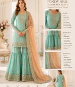 Green colour fendy silk embroidered kurti sharara set with dupatta