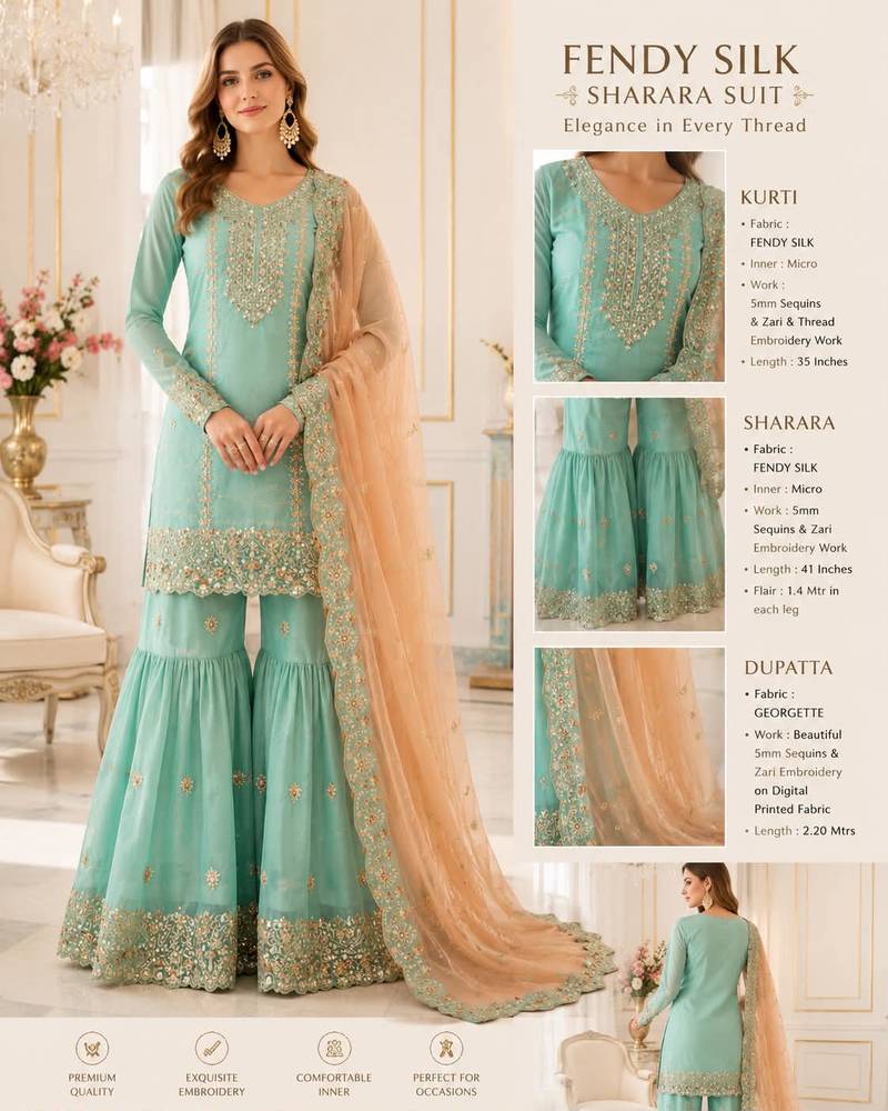 Green colour fendy silk embroidered kurti sharara set with dupatta