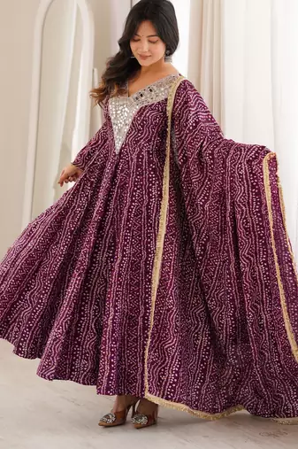 Plum colour mirror embroidered rayon gown set with dupatta