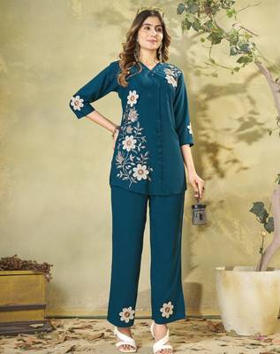Teal blue colour embroidered rayon co-ord set for women 1