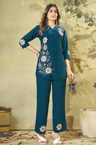 Teal blue colour embroidered rayon co-ord set for women