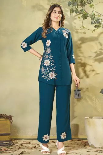 Teal blue colour embroidered rayon co-ord set for women
