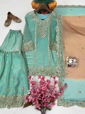 Green colour fendy silk embroidered kurti sharara set with dupatta 2
