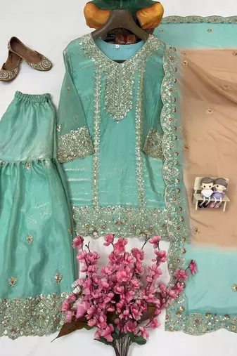 Green colour fendy silk embroidered kurti sharara set with dupatta