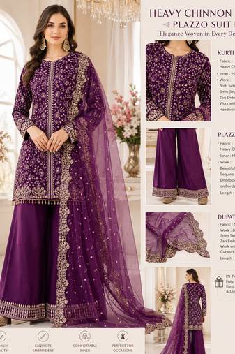Royal plum colour heavy chinnon silk kurti palazzo set with dupatta