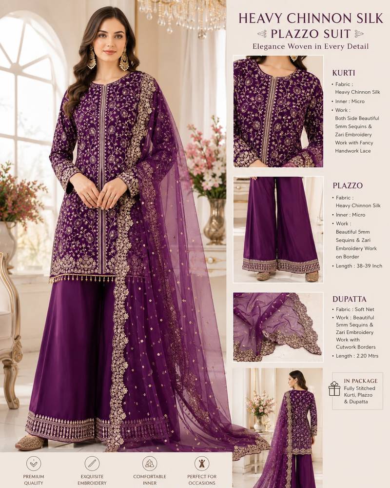Royal plum colour heavy chinnon silk kurti palazzo set with dupatta