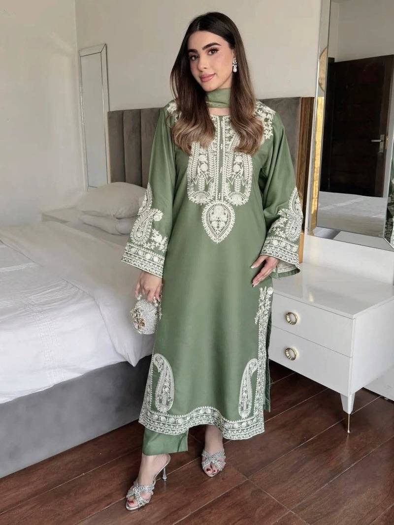 Green colour chinon silk kurti palazzo set with georgette dupatta