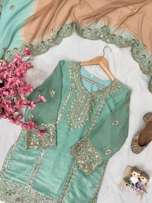 Green colour fendy silk embroidered kurti sharara set with dupatta 3