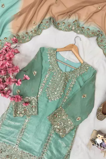 Green colour fendy silk embroidered kurti sharara set with dupatta