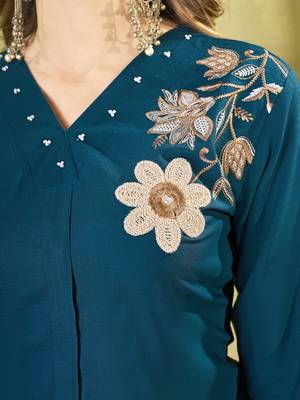Teal blue colour embroidered rayon co-ord set for women 2
