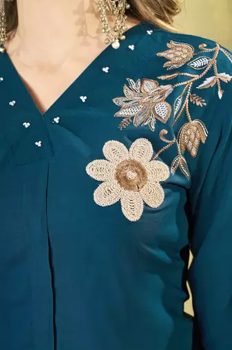 Teal blue colour embroidered rayon co-ord set for women