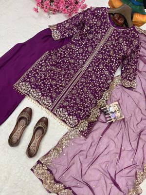 Royal plum colour heavy chinnon silk kurti palazzo set with dupatta 2