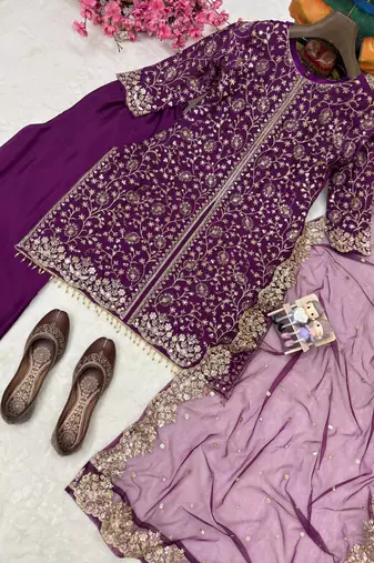 Royal plum colour heavy chinnon silk kurti palazzo set with dupatta