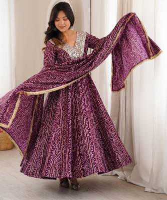 Plum colour mirror embroidered rayon gown set with dupatta 3