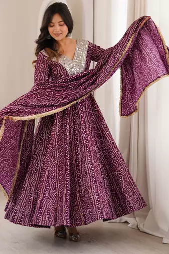 Plum colour mirror embroidered rayon gown set with dupatta