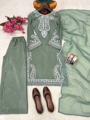Green colour chinon silk kurti palazzo set with georgette dupatta 2