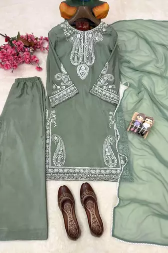 Green colour chinon silk kurti palazzo set with georgette dupatta