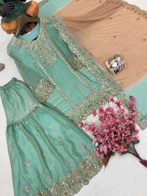 Green colour fendy silk embroidered kurti sharara set with dupatta 4