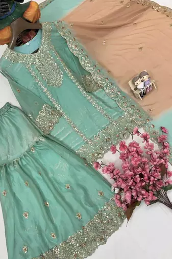 Green colour fendy silk embroidered kurti sharara set with dupatta