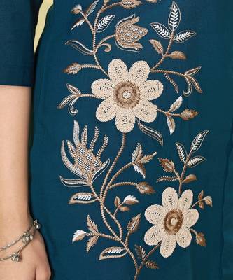 Teal blue colour embroidered rayon co-ord set for women 3