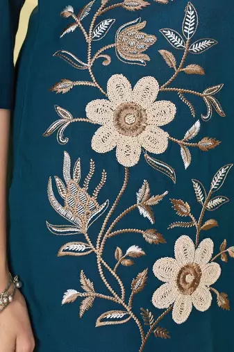 Teal blue colour embroidered rayon co-ord set for women