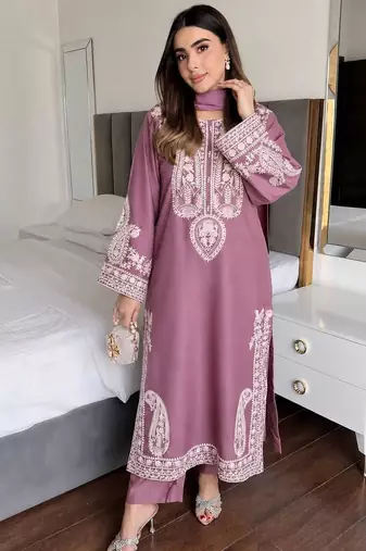 Rose colour chinon silk kurti palazzo set with georgette dupatta