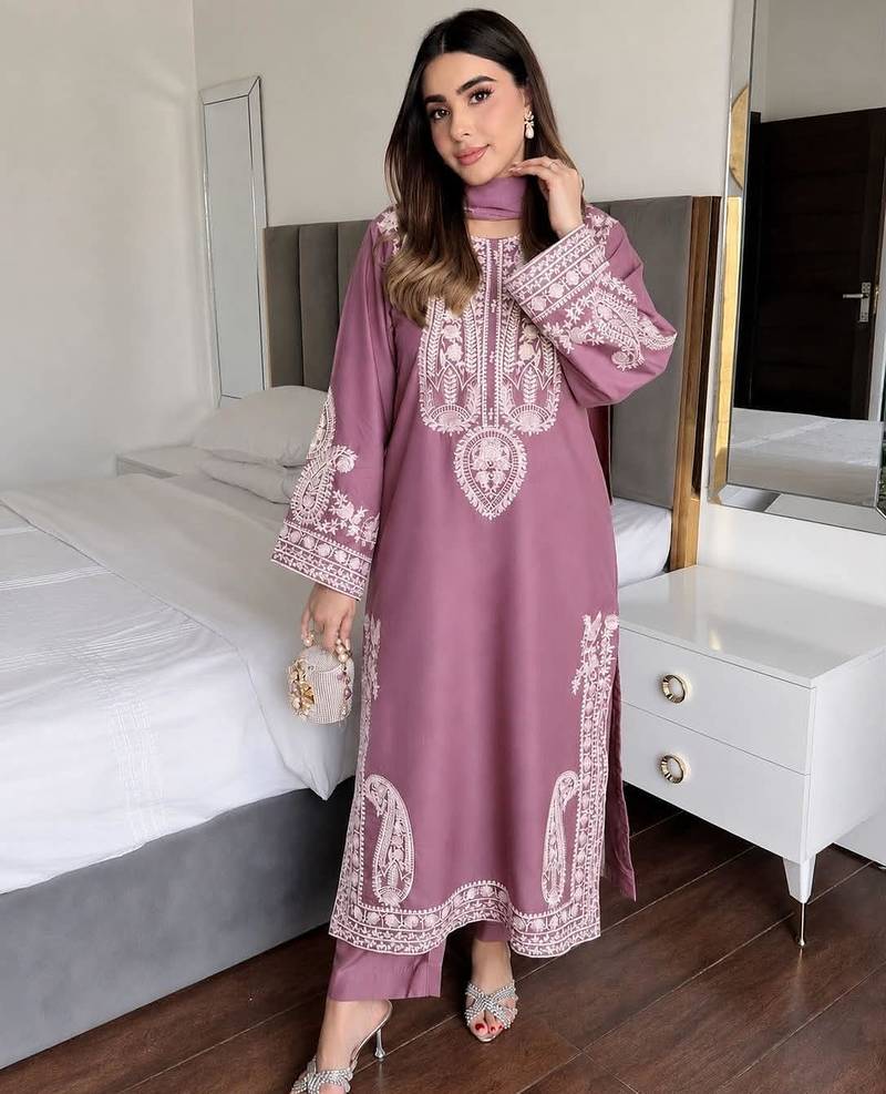 Rose colour chinon silk kurti palazzo set with georgette dupatta