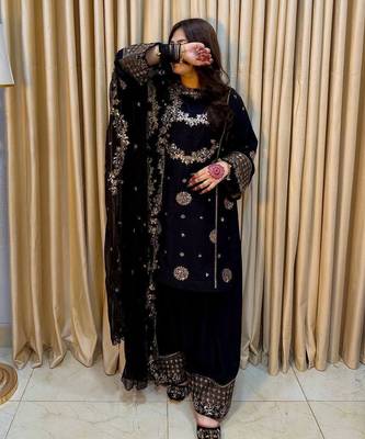 Black colour french crepe embroidered kurti palazzo set with dupatta 1