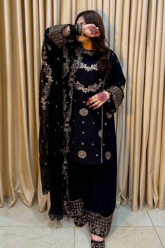 Black colour french crepe embroidered kurti palazzo set with dupatta