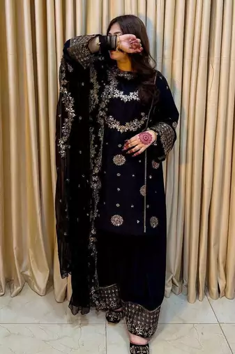 Black colour french crepe embroidered kurti palazzo set with dupatta