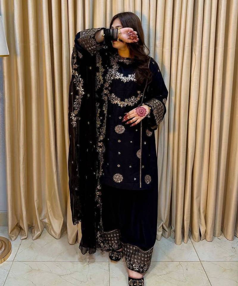 Black colour french crepe embroidered kurti palazzo set with dupatta